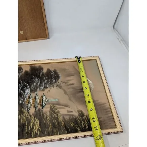 Vintage Pair of Japanese‎ Silk Paintings Embroidered Crewel Asian Mount Fuji MCM Mixed Media